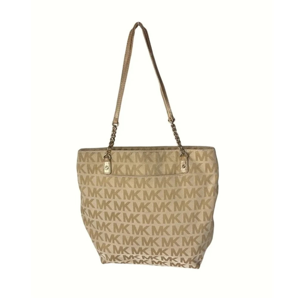 Michael Kors Double Strap Jet Set Monogram Tan Chain Tote Handbag - Picture 1 of 15